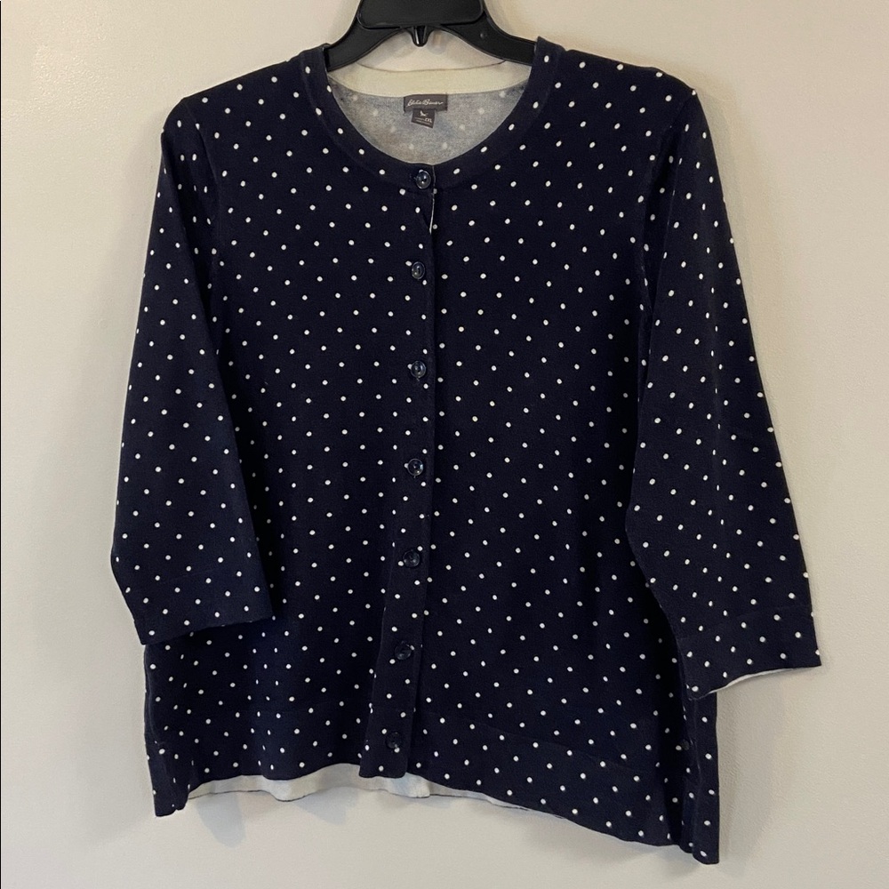 Eddie Bauer Navy and White Polka Dot Button up Cardigan Great Condition Size 2XL